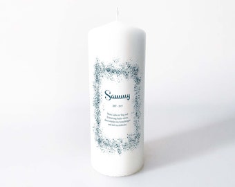 Funeral candle for pets with text and speckled frame, customizable, in two sizes