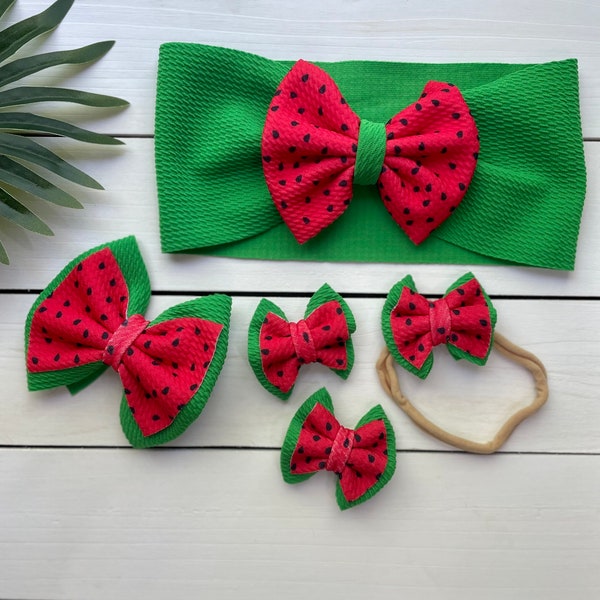 Watermelon bows, girls headwraps, toddler piggy’s, newborn gifts, baby shower gifts, summer hair accessories, one in a melon outfit, nylon,