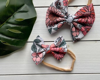 Floral nylon baby bows, premie/ newborn bow, 3 inch nylon bow, 4 inch bow, handmade baby gift, newborn photo shoot accessories,