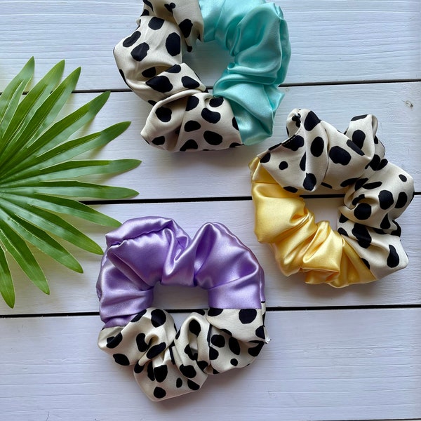 Two toned polka dot scrunchie, silk scrunchie, elegant hair accessories, trendy gifts for her, Dalmatian spots, comfortable hairband