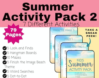 Summer Activity Pack 2, Look and Find, Hangman Boards, Mazes, Finish the Image Beach, Word Searches, Dot-to-Dot, Coloring Pages, Solutions