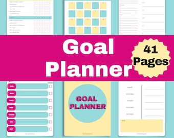 May include: A printable goal planner with 41 pages. The planner includes a goal tracker, a monthly calendar, a weekly planner, and a yearly planner. The planner is designed in a bright pink, yellow, and blue color scheme.
