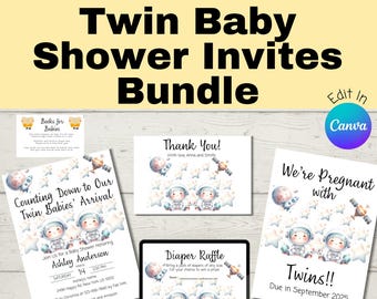 以下が含まれることがあります： 宇宙をテーマにしたベビーシャワーの招待状のセットです。「Twin Baby Shower Invites Bundle」、「Counting Down to Our Twin Babies' Arrival」、「We're Pregnant with Twins!!」などのテキストが含まれています。宇宙飛行士、惑星、星のイラストが特徴です。