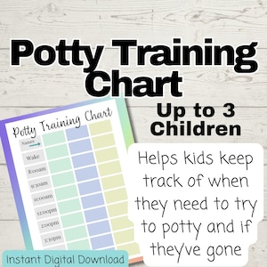 Könnte beinhalten: Eine druckbare Töpfchentrainings-Tabelle mit dem Text "Potty Training Chart" in großen schwarzen Buchstaben. Die Tabelle ist für bis zu 3 Kinder konzipiert und enthält einen Zeitplan. Die Tabelle hilft Kindern, ihre Bedürfnisse zu verfolgen.