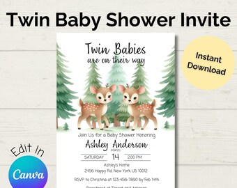Twin Baby Shower Invitation, Woodland Deer Theme, Editable Invitation, Gender Neutral, Edit Instantly in Canva