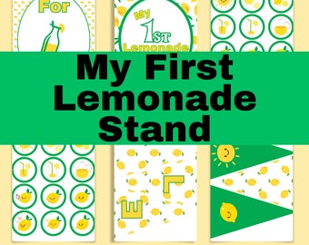 May include: Printable set of lemonade stand decorations featuring a yellow and green color scheme with lemons, a sun, and the text "My First Lemonade Stand".