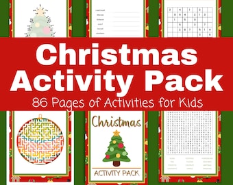 Puede incluir: Un paquete de actividades navideñas rojo y verde con 86 páginas de actividades para niños. La portada presenta un árbol de Navidad, un muñeco de nieve y un Papá Noel. El texto en la portada dice "Christmas Activity Pack" y "86 Pages of Activities for Kids".