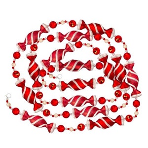 9 Foot Red & White Candy Peppermint Bead Christmas Garland | Extra large Candy Shatterproof Garland for Retro Vintage Trees | Indoor Use