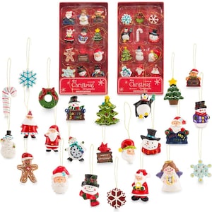 May include: A set of 24 mini Christmas ornaments in a variety of designs, including Santa Claus, snowmen, penguins, gingerbread men, and Christmas trees. The ornaments are made of ceramic and have a glossy finish. The ornaments come in a red box with the words "Mini Christmas Ornaments" printed on it.