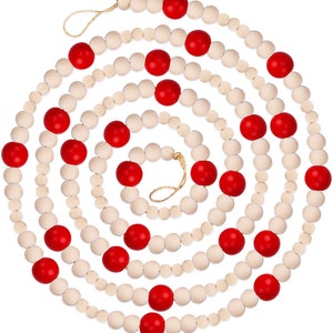 9 Foot Red & Natural Wood Bead Ball Christmas Tree Garland | Assorted Wood Bead Sizes, Rustic Country Farmhouse Vintage Decoration for Home