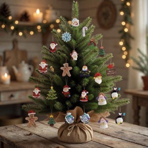 Può includere: Un piccolo albero di Natale artificiale verde avvolto in una base di sacco di iuta marrone, decorato con vari ornamenti pendenti in miniatura tra cui figure di Babbo Natale, omini di pan di zenzero, pinguini, angeli e piccoli alberi.