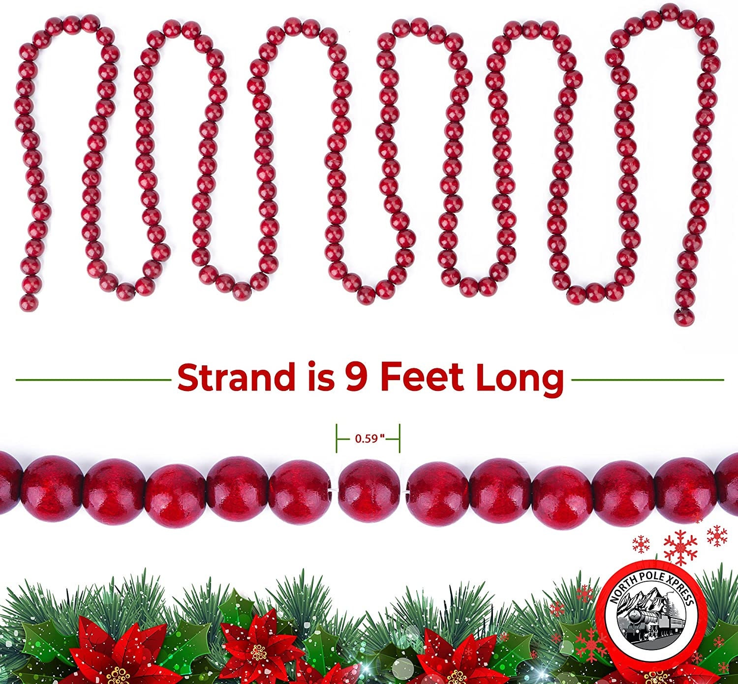 Ghirlanda Di Perline Di Legno Leadigol Natale 2,74 M – Rosse, Decorazione Per Albero E Camino