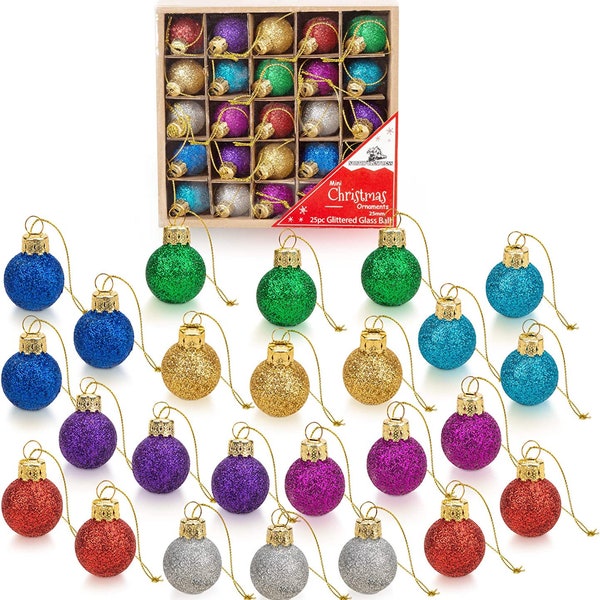 1 Inch Multicolor Mini Glitter Glass Ball Christmas Ornaments Set of 25 Balls