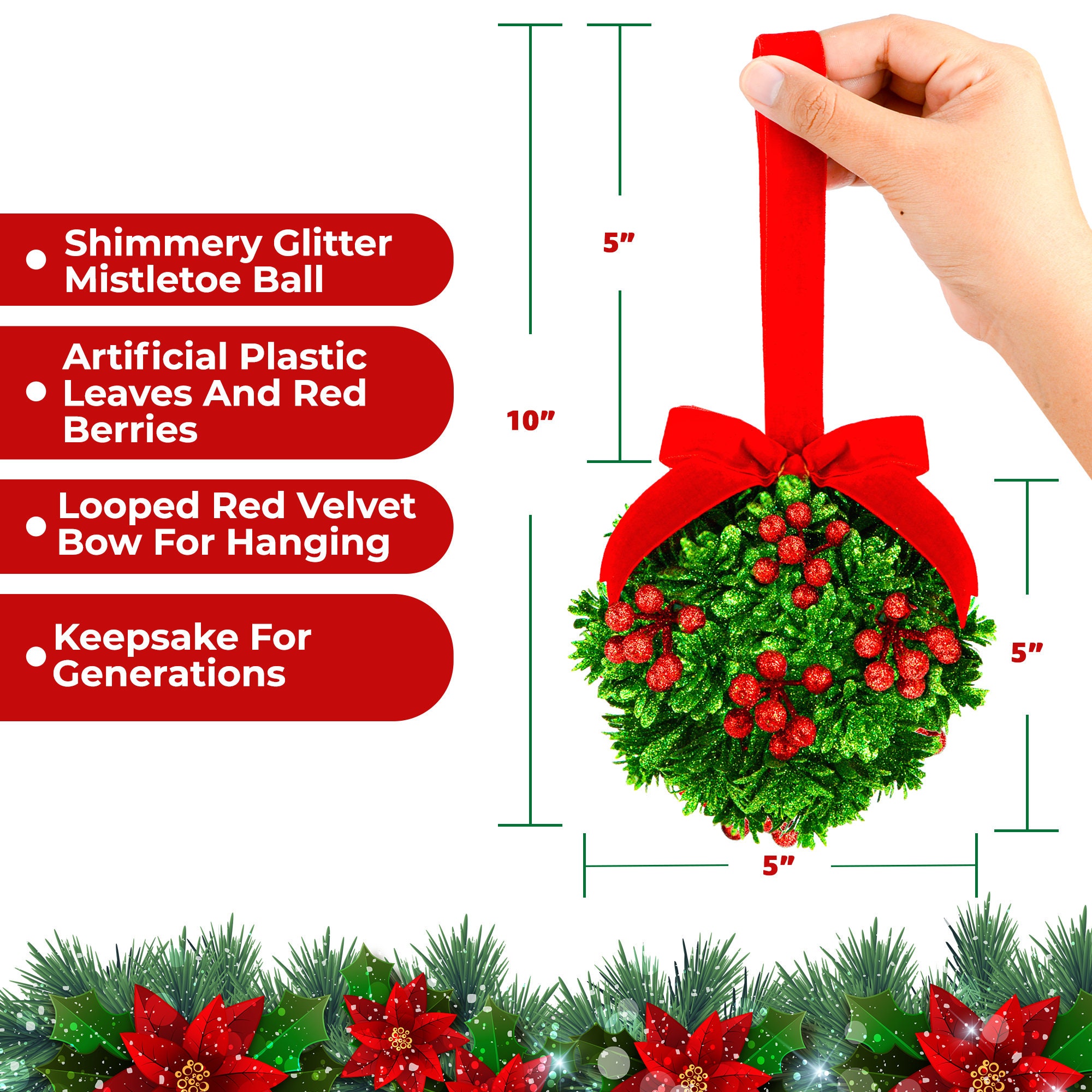 5" Glitter Mistletoe Kissing Ball Christmas Ornament - Hanging ...