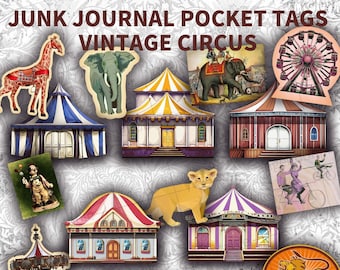 Circus Digital Junk Journal Pocket Tags, Tent, Vintage, Loaded Envelope, Ephemera, Embellishment, Insert, Embellishment, Fairground, Party