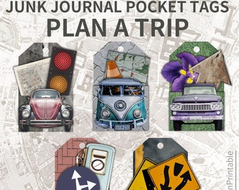 Vintage Car Junk Journal Pocket Tags, Road Trip, Old Van, Traffic, Loaded Envelope, Ephemera, Embellishment, Tuck Digital Kit, Insert, Folio