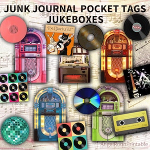 May include: A digital collage of vintage-style jukeboxes, records, and other music-themed items. The image includes a red, green, and blue jukebox, a black and white record, a cassette tape, and a compact disc. The text "JUNK JOURNAL POCKET TAGS JUKEBOXES" is at the top of the image.