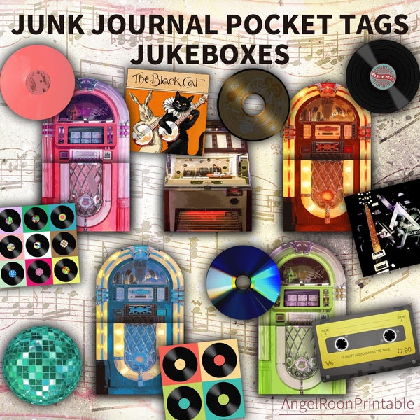 Vintage Jukeboxes Junk Journal Pocket Tags, Music Player, Retro, Loaded Envelope, Folio, Folder, Ephemera, Embellishment, Scrapbook Insert