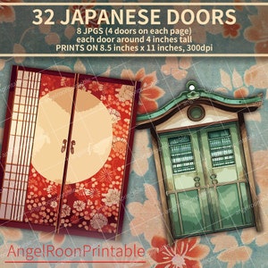 Schattige vintage Japanse deuren, Japan kimono junk Journal, origami, afdrukbare illustraties, clipart, armoedig, kortstondige kit, plakboek, huis