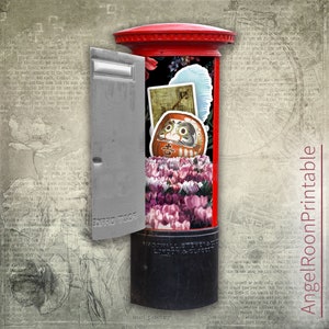 London Post Box Junk Journal Envelope | England Red British Postbox Scrapbook Pocket Tags | United Kingdom Britain Letter Ephemera Insert