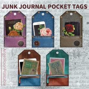 May include: Five printable junk journal pocket tags with different designs. Each tag features a pocket with a different item inside, such as a book, phone, money, or a card. The tags are made to look like denim and leather.
