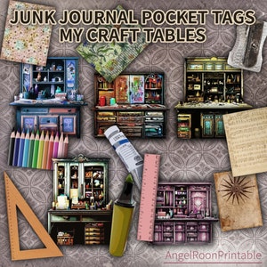 Craft Tables Junk Journal Pocket Tags, Armadio, Mensole, Progetto, Busta carica, Effimera, Abbellimento, Kit digitale, Inserto per album
