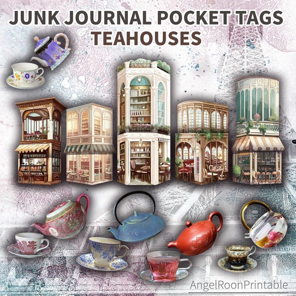 Teahouses Digital Junk Journal Pocket Tags, Coffee Shop, Afternoon Tea, High Tea, Cafe, Loaded Envelope, Ephemera, Insert, Folio, Folder