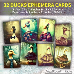 Junk Journal Printable Ephemera Cards of Ducks In Forest, Vintage Dress, Scrapbook Collage Sheet, Journal Supplies, Bookmark Kit