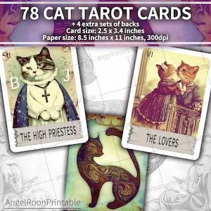 Cat Digital Dur And Minor Arcana 78 Karten | Kätzchen Tarot Deck | Vintage Ästhetik | Niedliches Junk Journal Ephemera | Scrapbook-Karten-ATC-Kit