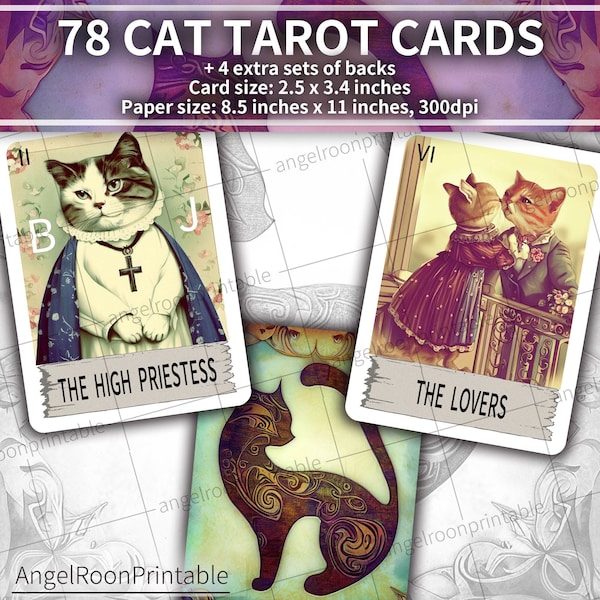 Digital Major And Minor Arcana 78 Cards Cat Tarot Deck, Vintage Aesthetic, Kitten, Cute, Printable, Downloadable, Collector, Junk Journal