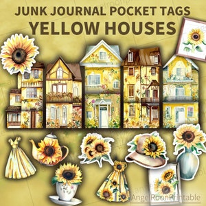 Etiquettes jaunes pour carnet de notes, maisons tournesols, maisons ensoleillées, enveloppe chargée, folio, éphémères de l'été, embellissement, intercalaire pour album