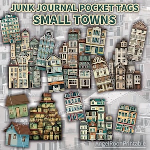 Small Towns Junk Journal Pocket Tags, Stacked Houses, Homes, City, Loaded Envelope Kit, Folio, Ephemera, Embellishment, Scrapbook Insert Set
