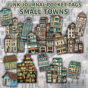 Small Towns Junk Journal Pocket Tags, Stacked Houses, Homes, City, Loaded Envelope Kit, Folio, Ephemera, Embellishment, Scrapbook Insert Set