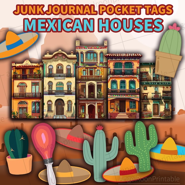 Loaded Envelope, Mexican Houses Junk Journal Pocket Tags, Old Mexico Architecture, Handmade Diary, Travel, Ephemera, Scrapbook Kit, Insert