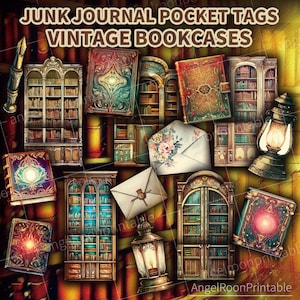 Vintage Junk Journal Pocket Tags, Bookcases, Bookshelf, Shelf, Magic Books, Folio, Folder, Ancient Stationery, Loaded Envelope, Ephemera Kit
