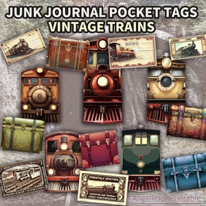 Etiquetas de bolsillo para diario digital de trenes antiguos, viajes, automóviles, ferrocarriles, rieles, sobres cargados, efímeras, insertos, folios, carpetas, cuentos de hadas