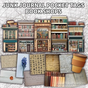 Boekwinkels Digital Junk Journal Pocket Tags, lezer, literatuur, lezen, boekenliefhebbers, boekenliefhebber, bibliotheek, winkel, geladen envelop, kortstondige
