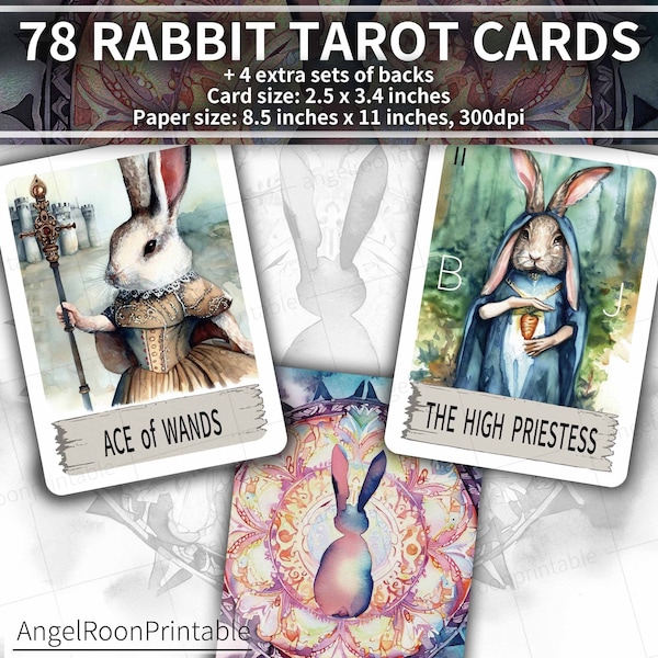 Digital Major And Minor Arcana 78 Cards Tarot Deck, Rabbit, Vintage Aesthetic, Cute, Printable, Instant Download, Collector, Junk Journal