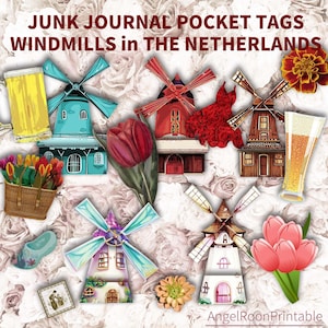 Etiquetas de bolsillo para diario basura de molinos de viento, Países Bajos, Flor, Holanda, Casa, Sobre cargado, Efímera, Adorno, Inserto de álbum de recortes