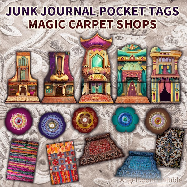 Magic Digital Junk Journal Pocket Tags, Flying Carpet Shop, Loaded Envelope, Ephemera, Insert, Folio, Folder, Arabic Fairy Tale, Insert Set