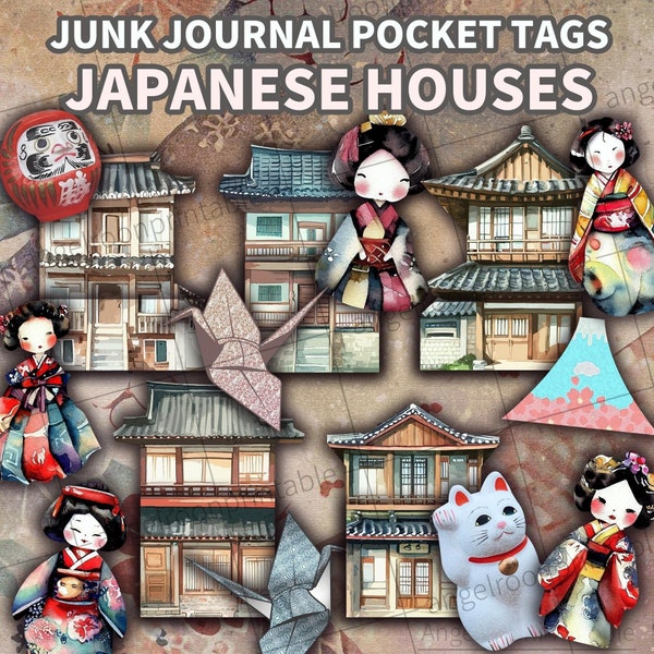 Loaded Envelope, Japanese Traditional Houses Junk Journal Pocket Tags, Old Architecture, Handmade, Vintage, Ephemera, Embellishment, Insert