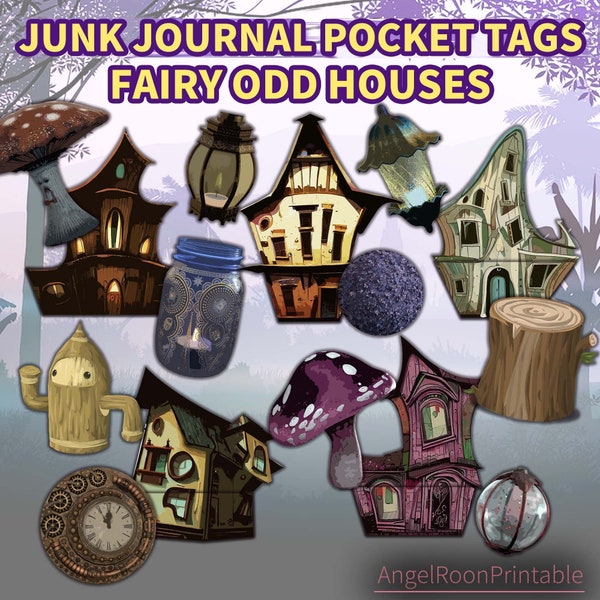 Fairy Odd Houses Junk Journal Pocket Tags, Halloween Strange Cottages, Architecture, Tale, Loaded Envelope, Ephemera, Embellishment, Insert