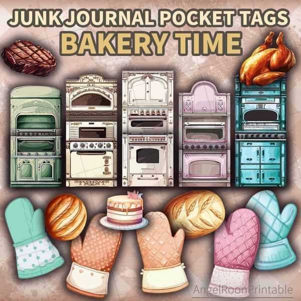 Food Junk Journal Pocket Tags, Vintage Kitchen Oven, Old, Bakery, Baking, Bread, Recipe, Folio, Loaded Envelope, Scrapbook Ephemera, Insert