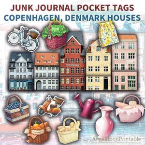 Denmark House Junk Journal Pocket Tags | Danish Copenhagen Home Scrapbook Loaded Envelope Kit | Folio Ephemera Insert | Folder Tuck Bookmark
