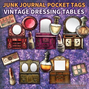 Vintage Dressing Table Junk Journal Pocket Tags | Antique Makeup Mirror Scrapbook Loaded Envelope Ephemera | Folder Insert | Folio Bookmark