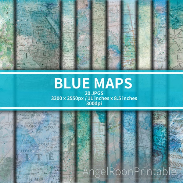 Blue Map Junk Journal Page Pack, Dyed Old Map Digital Paper Kit, Stained Vintage Scrapbook Background Page Set, Printable Art Journal Sheet