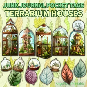 Plant Lover Junk Journal Pocket Tags Kit, Terrarium Houses, Nature, Loaded Envelope, Folio, Downloadable Ephemera, Embellishment, Scrapbook