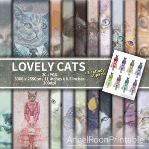 Paquet de papier journal pour animaux de compagnie chat + 8 cliparts éphémères Catlady | Kit de pages d'arrière-plan de scrapbooking pour chaton | Drap décoratif animal | Emballage cadeau
