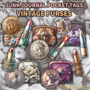 Étiquettes de poche vintage pour sac à main indésirable, sacs à main rétro, pièces de monnaie, rouges à lèvres, folio, chemise de scrapbooking, enveloppe chargée, documents éphémères numériques, insert