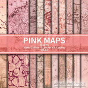 Rosa Karte Junk Journal Papier Pack, Alte Karte Digitales Papier Kit, Vintage Scrapbook Hintergrund Seite Set, Druckbare Kunst Blatt, Dokumente, Reisen